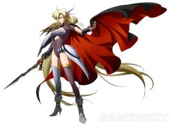 Rule 34 | 1girl, absurdly long hair, armor, blonde hair, boots, breasts, brown eyes, cape, center opening, cleavage, covered navel, gauntlets, groin, hair ornament, high heel boots, high heels, highres, holding, holding cape, holding clothes, holding sword, holding weapon, langrisser, langrisser ii, leotard, long hair, looking at viewer, medium breasts, official art, rana (langrisser), short sleeves, simple background, solo, source request, sword, thighhighs, turtleneck, very long hair, watermark, weapon, white background