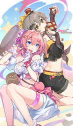 Rule 34 | 2girls, alternate costume, arm up, ass, asta (honkai: star rail), bag, bare legs, bare shoulders, belt, black jacket, black shorts, blue eyes, bow, box, braid, breasts, brown shirt, cleavage, closed mouth, crop top, detached sleeves, front-tie top, gift, gift box, gloves, gou lianlian dogface, grey hair, hair bow, hair ornament, hairclip, hand up, hands up, hat, heart, highres, holding, honkai: star rail, honkai (series), jacket, layered sleeves, long hair, long sleeves, looking at viewer, looking back, median furrow, medium breasts, midriff, mini hat, mini top hat, miniskirt, multiple girls, navel, off shoulder, one side up, open clothes, open jacket, pink hair, pink headwear, pink skirt, red headwear, scrunchie, shirt, short over long sleeves, short shorts, short sleeves, shorts, shoulder bag, single glove, skirt, sleeveless, sleeveless shirt, smile, stelle (honkai: star rail), stomach, thigh strap, thighs, top hat, trailblazer (honkai: star rail), valentine, white gloves, white shirt, wrist scrunchie, yellow eyes