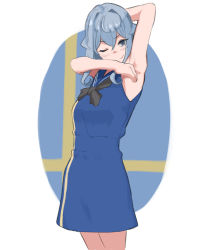 1girl armpits black_neckerchief blue_dress blue_eyes blue_hair blue_sailor_collar commentary_request doyagao dress gotland_(kancolle) hair_bun highres kantai_collection long_hair looking_at_viewer mole mole_under_eye neckerchief sailor_collar sailor_dress sidelocks single_hair_bun sleeveless sleeveless_dress smug solo tsurugi_(the_horizon)