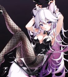Rule 34 | animal ears, arms up, black leotard, black pantyhose, bow, bowtie, breasts, cat ears, cleavage, cocktail glass, collar, commission, cup, drinking glass, fake animal ears, fishnet pantyhose, fishnets, highres, kiyochii, leg up, leotard, looking at viewer, medium breasts, original, pantyhose, playboy bunny, purple eyes, rabbit ears, sitting, skeb commission, solo, white hair, wine glass