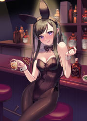 Rule 34 | 1girl, alcohol, animal ears, bar (place), black bow, black bowtie, black hair, black leotard, black pantyhose, bottle, bow, bowtie, breasts, cleavage, commentary request, counter, detached collar, drunk, glass, gorota, leotard, long hair, medium breasts, original, pantyhose, playboy bunny, purple eyes, rabbit ears, rabbit tail, solo, stool, strapless, strapless leotard, tail, whiskey, wrist cuffs