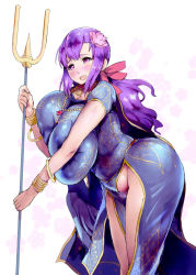 Rule 34 | 1girl, blue dress, blush, bow, bracelet, breasts, cleavage, covered erect nipples, curvy, dress, eyelashes, fate/grand order, fate (series), female focus, female pubic hair, flower, hair flower, hair ornament, highres, holding, huge breasts, jewelry, leaning forward, long hair, looking at viewer, matou sakura, mozu-k, necklace, open mouth, parvati (fate), pubic hair, purple eyes, purple hair, shiny skin, smile, solo, standing, weapon, wide hips