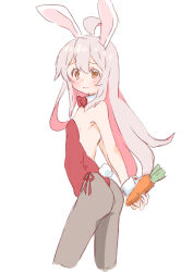 Rule 34 | 1girl, absurdres, ahoge, animal ears, arms behind back, ass, bare arms, bare shoulders, black pantyhose, blush, bow, bowtie, carrot, commentary, cowboy shot, detached collar, english commentary, flat chest, from side, genderswap, genderswap (mtf), grey hair, hair between eyes, highres, holding, holding carrot, leotard, long hair, looking at viewer, mayoineko, multicolored hair, onii-chan wa oshimai!, oyama mahiro, pantyhose, pink hair, playboy bunny, rabbit ears, rabbit tail, red bow, red bowtie, red leotard, simple background, sketch, solo, strapless, strapless leotard, tail, two-tone hair, very long hair, wavy mouth, white background, wrist cuffs, yellow eyes