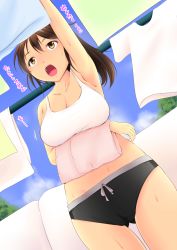 Rule 34 | 1girl, armpits, black shorts, bouncing breasts, breast hold, breasts, brown eyes, brown hair, cameltoe, cleavage, cleft of venus, cloud, collarbone, day, drying, drying clothes, highres, katori (mocchidou), laundry, laundry pole, looking up, medium breasts, micro shorts, midriff, navel, open mouth, original, outdoors, ponytail, reaching, short shorts, shorts, solo, sweat, tank top, taut clothes, towel