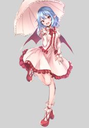 Rule 34 | 1girl, :d, ankle garter, ascot, bat wings, blue hair, blush, breasts, center frills, commentary, cross-laced footwear, dress, fang, frilled shirt collar, frills, full body, grey background, hair between eyes, hand up, head tilt, high heels, holding, holding umbrella, juliet sleeves, junior27016, leg up, long sleeves, looking at viewer, medium breasts, no headwear, open mouth, petticoat, pink umbrella, pointy ears, puffy sleeves, pumps, red ascot, red eyes, remilia scarlet, short hair, simple background, sketch, smile, solo, standing, standing on one leg, touhou, umbrella, white dress, wings