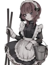 Rule 34 | 1girl, apron, black bow, black ribbon, bow, breast pocket, bucket, chain, chain earrings, cowboy shot, cross, cross earrings, earrings, frilled apron, frilled ribbon, frills, gloves, grey eyes, highres, holding, jewelry, juliet sleeves, long sleeves, looking at viewer, maid, maid apron, maid headdress, manuka x x, medium hair, original, pocket, puffy sleeves, red hair, ribbon, ring, simple background, solo, stud earrings, white apron, white background, white gloves