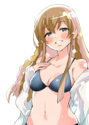 Rule 34 | bare shoulders, bikini, black bikini, blue eyes, blush, braid, breasts, brown hair, cleavage, collarbone, dot nose, grin, hair between eyes, hair over breasts, hair over shoulder, hand on own chest, idolmaster, idolmaster million live!, idolmaster million live! theater days, kousaka umi, light particles, long hair, looking at viewer, medium breasts, mitogawawataru, navel, open clothes, open mouth, open shirt, shirt, sidelocks, simple background, smile, straight hair, swimsuit, twin braids, upper body, white background, white shirt