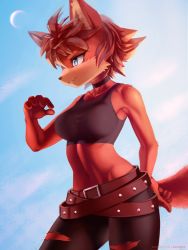 Rule 34 | 1girl, ancesra, animal ears, animal nose, artist name, bare shoulders, belt, black choker, black pants, black shirt, blue background, blue eyes, blue sky, body fur, breasts, choker, collarbone, commission, cowboy shot, crop top, day, female focus, fiona fox, fox ears, fox girl, fox tail, furry, furry female, hand on own hip, hand up, happy, highres, large breasts, midriff, moon, multiple belts, navel, outdoors, pants, parted lips, patreon username, red fur, red hair, shirt, short hair, sidelocks, sky, sleeveless, sleeveless shirt, smile, snout, solo, sonic (series), sonic the hedgehog (archie comics), standing, stomach, tail, teeth, torn clothes, torn pants, two-tone fur, v-shaped eyebrows, watermark, web address