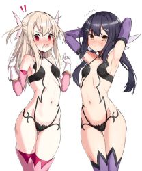 Rule 34 | !, !!, 2girls, armpits, arms behind head, arms up, bare shoulders, black hair, blonde hair, blush, breasts, brown eyes, commentary request, commission, cosplay, cowboy shot, elbow gloves, embarrassed, fate/grand order, fate/kaleid liner prisma illya, fate (series), feather hair ornament, feathers, female focus, gloves, hair ornament, illyasviel von einzbern, long hair, looking at viewer, miyu edelfelt, multiple girls, navel, nose blush, open mouth, prisma illya, red eyes, revealing clothes, shuten douji (fate), shuten douji (fate) (cosplay), simple background, skeb commission, small breasts, sweatdrop, takanashi kei (hitsujikan), thigh gap, thighhighs, white background, x hair ornament