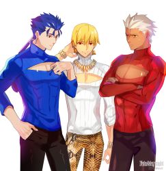 Rule 34 | 10s, 2015, 3boys, adapted costume, archer (fate), astarone, blonde hair, blue hair, copyright name, cu chulainn (fate), cu chulainn (fate/stay night), dark skin, earrings, fate/stay night, fate (series), gilgamesh (fate), jewelry, male focus, meme attire, multiple boys, necklace, official alternate costume, open-chest sweater, patterned legwear, red eyes, snakeskin print, sweatdrop, sweater, white hair
