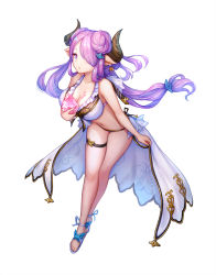 Rule 34 | 1girl, bikini, breasts, cleavage, collarbone, cow girl, cow horns, draph, echoes (cassandratree), female focus, full body, granblue fantasy, hair ornament, hair over one eye, hairclip, highres, horns, large breasts, leaning forward, long hair, narmaya (granblue fantasy), navel, pink eyes, pink hair, pointy ears, purple eyes, purple hair, sandals, simple background, skirt, solo, standing, swimsuit, toes, white background, white bikini