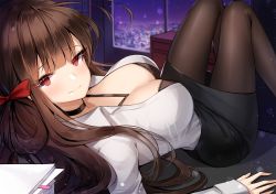 Rule 34 | 1girl, ankkoyom, artist name, bad id, bad pixiv id, black bra, black choker, black pantyhose, black skirt, blunt bangs, bra, breasts, brown hair, choker, commentary, dsr-50 (girls&#039; frontline), from side, girls&#039; frontline, hair ribbon, highres, large breasts, long hair, looking at viewer, office lady, pantyhose, paper, pencil skirt, red eyes, red ribbon, ribbon, shirt, skirt, sleeves past wrists, smile, solo, underwear, white shirt