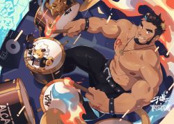 Rule 34 | 1boy, abs, absurdres, alca (wakatanka4), alternate costume, animal ears, bara, beard, black hair, black pants, bulge, chest hair, commission, dark-skinned male, dark skin, drum, drumming, drumsticks, extra ears, facial hair, from above, gyee, highres, instrument, jewelry, large pectorals, leather, leather pants, lion boy, lion ears, lion tail, looking at viewer, male focus, mature male, muscular, muscular male, navel, necklace, nipples, original, pants, pectorals, short hair, smirk, solo, stomach, tail, thick eyebrows, tight clothes, tight pants, topless male, undercut, zixiong zix