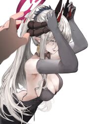 Rule 34 | 1girl, 1other, absurdres, black horns, blue archive, blush, breasts, cleavage, demon horns, dress, elbow gloves, gloves, grey dress, grey eyes, grey gloves, grey hair, highres, horns, jdep, large breasts, long hair, makoto (blue archive), makoto (dress) (blue archive), multiple horns, official alternate costume, open mouth, simple background, solo focus, white background