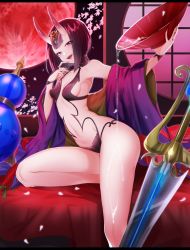 Rule 34 | 1girl, :d, alcohol, black hair, black panties, breasts, cleavage, cup, fangs, fate/grand order, fate (series), groin, hair ornament, highres, holding, horns, looking at viewer, open mouth, panties, purple eyes, sakazuki, sake, short hair, shuten douji (fate), shuten douji (first ascension) (fate), sideboob, small breasts, smile, solo, sword, underwear, weapon