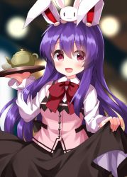 Rule 34 | 1girl, alternate costume, alternate eye color, animal, animal ears, black eyes, black skirt, blurry, blurry background, blush, bow, bowtie, breasts, buttons, closed mouth, collared shirt, cup, gochuumon wa usagi desu ka?, hair between eyes, hands up, highres, kettle, long hair, long sleeves, looking to the side, medium breasts, one-hour drawing challenge, open mouth, pink eyes, pink vest, pocket, puffy long sleeves, puffy sleeves, purple hair, rabbit, rabbit ears, rabbit house uniform, red bow, red bowtie, reisen udongein inaba, ruu (tksymkw), shirt, sidelocks, skirt, smile, solo, standing, tongue, touhou, tray, vest, white shirt, | |