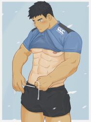 Rule 34 | 1boy, abs, amaimao, bara, black shorts, blush, clothes lift, feet out of frame, highres, large pectorals, male focus, mature male, muscular, muscular male, navel, neck hold, nipples, original, pectorals, shirt lift, short hair, shorts, solo, tan, tanline, thick eyebrows, thighs, underpec