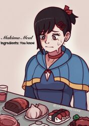 Rule 34 | 1girl, baozi, black eyes, black hair, blood, blue capelet, breasts, capelet, chainsaw man, cleavage, commentary, cosplay, dungeon meshi, earrings, english commentary, food, glass, hair ornament, hairclip, higashiyama kobeni, highres, jewelry, marcille donato, marcille donato (cosplay), medium breasts, nervous sweating, ponytail, santanaelchan, short ponytail, solo, stud earrings, sushi, sweat, wavy mouth