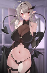 Rule 34 | 1girl, black gloves, blurry, breasts, collar, demon girl, demon tail, demon wings, elbow gloves, gloves, grey hair, heart o-ring, highres, huge breasts, looking at viewer, medium hair, navel, open mouth, original, pointy ears, raitho, red eyes, see-through, smile, tail, thigh strap, v-shaped eyebrows, wings