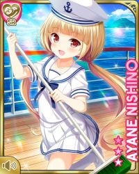 Rule 34 | 1girl, blonde hair, blue bow, bow, broom, card, character name, deck, dress, girlfriend (kari), hat, long hair, military, military uniform, naval uniform, nishino ayane, ocean, official art, open mouth, outdoors, qp:flapper, red eyes, ship, smile, solo, twintails, uniform, watercraft, white dress