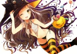 Rule 34 | 1girl, :3, :d, absurdres, bag, bare arms, bare shoulders, big hair, black hat, breasts, brown hair, candy, fang, fingernails, food, halloween costume, hand on headwear, hat, highres, holding, jack-o&#039;-lantern, long hair, looking at viewer, navel, neck ribbon, one eye closed, open mouth, orange thighhighs, original, panties, red ribbon, revealing clothes, ribbon, side-tie panties, simple background, small breasts, smile, sogawa, solo, striped clothes, striped thighhighs, thighhighs, underwear, very long hair, white background, witch hat