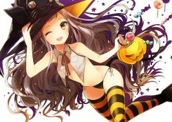 1girl :3 :d absurdres bag bare_arms bare_shoulders big_hair black_hat breasts brown_hair candy fang fingernails food halloween_costume hand_on_headwear hat highres holding jack-o&#039;-lantern long_hair looking_at_viewer navel neck_ribbon one_eye_closed open_mouth orange_thighhighs original panties red_ribbon revealing_clothes ribbon side-tie_panties simple_background small_breasts smile sogawa solo striped_clothes striped_thighhighs thighhighs underwear very_long_hair white_background witch_hat