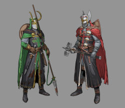 Rule 34 | 2boys, adapted costume, ameen naksewee, armor, black footwear, brown gloves, cape, chainmail, commentary, curled horns, english commentary, fake horns, gloves, green cape, grey background, hammer, hand on own hip, helmet, highres, holding, holding hammer, holding polearm, holding weapon, horned helmet, horns, loki (marvel), male focus, marvel, marvel cinematic universe, multiple boys, polearm, red cape, shield, simple background, spear, tabard, thor (marvel), weapon, winged helmet