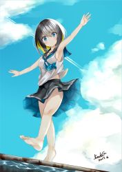 Rule 34 | 1girl, barefoot, black hair, blonde hair, blue eyes, blue neckerchief, blush, dated, kavka, looking at viewer, multicolored hair, neckerchief, original, outstretched arms, short hair, solo, two-sided fabric, two-sided skirt