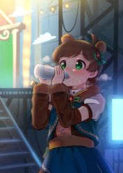 Rule 34 | 1girl, animal ears, bear ears, blue skirt, blush, bottle, bow, brown hair, drinking, fake animal ears, green bow, green eyes, hair bow, holding, holding bottle, idolmaster, idolmaster million live!, idolmaster million live! theater days, kamille (vcx68), kinoshita hinata, looking away, parted lips, puffy short sleeves, puffy sleeves, short hair, short sleeves, skirt, solo, stage, stage lights, stairs, sweat, water bottle