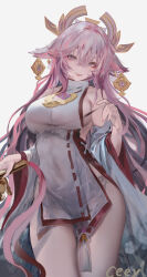 Rule 34 | 1girl, animal ears, artist name, breasts, ceey, cleavage, covered navel, cowboy shot, detached sleeves, earrings, fang, floppy ears, floral print, flower knot, fox ears, genshin impact, hair between eyes, hair ornament, hand up, highres, holding, jewelry, large breasts, legs together, long hair, looking at viewer, no pants, nontraditional miko, panties, parted lips, pink hair, pink nails, purple eyes, red sash, revision, ribbon trim, sash, shirt, side slit, sideboob, sidelocks, simple background, sleeveless, sleeveless shirt, smile, solo, tassel, taut clothes, taut shirt, thighs, turtleneck, underwear, very long hair, white background, white shirt, white sleeves, wide sleeves, yae miko