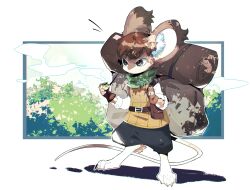 Rule 34 | 1boy, 914255652 (lofter), animal ear fluff, animal ears, animal nose, backpack, bag, barefoot, belt, black eyes, black shorts, body fur, brown fur, brown gloves, brown hair, brown jacket, bush, chilchuck tims, dappled sunlight, day, digitigrade, dungeon meshi, fewer digits, fingerless gloves, fingernails, from side, full body, furrification, furry, furry male, gloves, green scarf, highres, holding strap, jacket, legs apart, male focus, mouse boy, mouse ears, mouse tail, outdoors, raised eyebrow, scarf, sharp fingernails, shirt, short hair, shorts, sleeveless, sleeveless jacket, smoke, smoking pipe, solo, standing, sunlight, tail, white background, white shirt