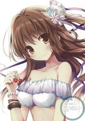 Rule 34 | 1girl, absurdres, bare shoulders, blush, bow, bracelet, breasts, brown eyes, brown hair, cherry, closed mouth, collarbone, fingernails, food, frills, fruit, hair bow, hair ornament, highres, jewelry, karory, long hair, looking at viewer, medium breasts, original, pearl bracelet, scan, shiny skin, simple background, solo, upper body
