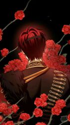 Rule 34 | 1boy, black shirt, flower, highres, jacket, long hair, male focus, open clothes, open jacket, patch, perion sob vasilios, red eyes, red hair, red jacket, rose, shirt, solo, your throne