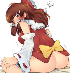 Rule 34 | 1girl, :o, ass, blush, bottomless, bow, breasts, brown eyes, brown hair, cookie (touhou), from behind, hair bow, hair tubes, hakurei reimu, kanna (cookie), large bow, long hair, mature female, medium breasts, meis (terameisu), on bed, sitting, solo, sweatdrop, touhou, translated, wariza
