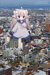 Rule 34 | 1girl, ahoge, animal ears, blue sailor collar, blush, building, cat ears, cat girl, cat tail, closed mouth, commentary request, dress, finger to mouth, giant, giantess, grey dress, grey hair, hair ribbon, hand up, highres, horizon, long hair, long sleeves, nakkar, ocean, original, photo background, pink ribbon, puffy long sleeves, puffy sleeves, purple eyes, railroad tracks, ribbon, sailor collar, sailor dress, sleeves past wrists, solo, standing, tail, twintails, very long hair, water