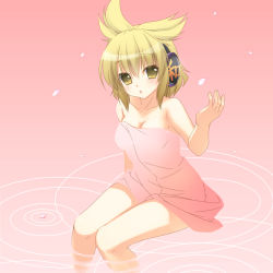 Rule 34 | 1girl, blonde hair, blush, breasts, cleavage, collarbone, earmuffs, looking at viewer, medium breasts, naked towel, parted lips, partially submerged, pointy hair, solo, takatsukasa yue, touhou, towel, toyosatomimi no miko, yellow eyes