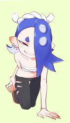Rule 34 | 1girl, absurdres, blue hair, blush, chest sarashi, ear piercing, eds, facing viewer, full body, green background, hair over one eye, highres, looking at viewer, nintendo, octoling player character, pants, piercing, pointy ears, red eyes, sarashi, shiver (splatoon), smile, solo, splatoon (series), splatoon 3, tentacle hair, torn clothes, torn pants, yellow background