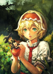 Rule 34 | 2girls, :d, alice margatroid, apple, arm support, black dress, black footwear, black hat, blonde hair, bush, capelet, dress, eye contact, food, fruit, green eyes, hairband, hare (yamihuji), hat, holding, holding food, kirisame marisa, long hair, looking at another, mini person, minigirl, multiple girls, nature, necktie, open mouth, outdoors, plant, red necktie, ribbon, shoes, short hair, short sleeves, sitting, size difference, smile, touhou, upper body, witch hat