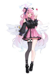 Rule 34 | 1girl, absurdres, alternate costume, bare shoulders, black footwear, black scrunchie, black shirt, black thighhighs, blue archive, clothing cutout, commentary request, cross-laced clothes, cross-laced skirt, feathered wings, full body, hair bun, hair ornament, hair scrunchie, halo, hand up, highres, jirai kei, korean commentary, leviathan (hikinito0902), long hair, long sleeves, low wings, mika (blue archive), open mouth, pink hair, pink halo, puffy long sleeves, puffy sleeves, scrunchie, shirt, shoulder cutout, simple background, single hair bun, single side bun, single thighhigh, skirt, solo, standing, thighhighs, v, white background, white wings, wing ornament, wings, yellow eyes