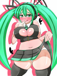 Rule 34 | 1girl, aqua eyes, aqua hair, blush, breasts, cleavage, cleavage cutout, clothing cutout, female focus, hatsune miku, heart, large breasts, looking at viewer, maremare, navel, necktie, plump, sideboob, skindentation, solo, thick thighs, thighhighs, thighs, tongue, tongue out, vocaloid