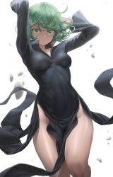 Rule 34 | 1girl, absurdres, arms up, black dress, breasts, closed mouth, colored eyelashes, cowboy shot, dress, female focus, free style (yohan1754), green eyes, green hair, groin, high collar, highres, long sleeves, looking at viewer, medium breasts, no panties, one-punch man, pelvic curtain, short hair, simple background, solo, tatsumaki, thighs, v-shaped eyebrows, white background