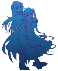 Rule 34 | 00s, 2girls, blue theme, blunt bangs, bridal garter, dress, flower, frilled sleeves, frills, hairband, hug, hug from behind, leaning back, long hair, long sleeves, looking at viewer, maid headdress, monochrome, multiple girls, rose, rozen maiden, shinku, shoes, simple background, smile, socks, suigintou, twintails, very long hair, white background, wings