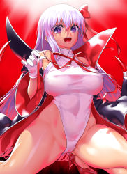 Rule 34 | 1girl, :d, bb (fate), bb (fate) (all), bb (swimsuit mooncancer) (fate), bb (swimsuit mooncancer) (third ascension) (fate), breasts, coat, covered erect nipples, covered navel, fate/grand order, fate (series), gloves, hair between eyes, hair ribbon, hand up, high heels, highleg, highleg leotard, highres, large breasts, leotard, long hair, long sleeves, onsoku inu, open clothes, open coat, open mouth, purple eyes, purple hair, red footwear, red neckwear, red ribbon, ribbon, smile, solo, squatting, white gloves, white legwear, wide sleeves
