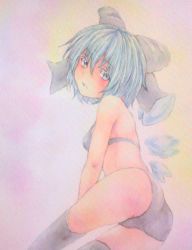 Rule 34 | 1girl, ass, bikini, black bikini, black thighhighs, blue eyes, blue hair, bow, breasts, cirno, collarbone, hair bow, highres, ice, ice wings, looking at viewer, looking back, matching hair/eyes, open mouth, painting (medium), short hair, small breasts, solo, swimsuit, thighhighs, touhou, traditional media, watercolor (medium), wings, yuyu (00365676)