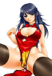 Rule 34 | 1girl, aftersex, asakura sakura, bare shoulders, black thighhighs, blue hair, breasts, china dress, chinese clothes, cleavage, cleavage cutout, clothing cutout, covered erect nipples, cum, cum on body, cum on breasts, cum on upper body, dress, green eyes, large breasts, long hair, no panties, sitting, smile, solo, spread legs, thighhighs