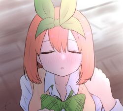 Rule 34 | 1girl, blurry, blurry background, blush, bow, breasts, closed eyes, collarbone, collared shirt, depth of field, eyebrows hidden by hair, facing viewer, go-toubun no hanayome, green bow, green ribbon, hair between eyes, hand on another&#039;s shoulder, kujou karasuma, long sleeves, medium breasts, nakano yotsuba, nose blush, orange hair, out of frame, parted lips, ribbon, shirt, signature, solo focus, sweater vest, waiting for kiss, white shirt, wooden floor