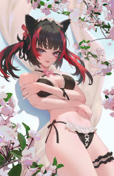 Rule 34 | 1girl, animal ears, bad id, bad pixiv id, bare shoulders, bikini, black bikini, black hair, black ribbon, bow, breasts, bridal garter, cirilla lin, cleavage, commentary, commission, flower, frilled bikini, frills, hair ribbon, hairband, highres, holding own arm, long hair, looking at viewer, medium breasts, multicolored hair, navel, open mouth, original, pink bow, pixiv commission, purple flower, red eyes, red hair, red ribbon, ribbon, side-tie bikini bottom, smile, solo, stomach, swimsuit, twintails, two-tone hair