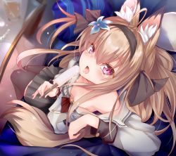 Rule 34 | 1girl, absurdres, animal ear fluff, animal ears, black thighhighs, breasts, commission, condensation, cup, downblouse, drinking glass, food, fox ears, fox tail, glass, hair ribbon, hairband, highres, light brown hair, long hair, long sleeves, looking at viewer, looking up, matamataro, no bra, off shoulder, pleated skirt, popsicle, purple eyes, ribbon, saliva, saliva trail, sexually suggestive, shirt, sitting, skirt, small breasts, table, tail, thighhighs, two side up, vrchat, zettai ryouiki