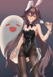 Rule 34 | 1girl, absurdres, alternate costume, animal ears, bare shoulders, black bow, black leotard, bow, breasts, brown hair, candy, cleavage, closed eyes, covered navel, fangs, food, gangsoon86, genshin impact, ghost, highres, hu tao (genshin impact), leotard, lollipop, long hair, pantyhose, playboy bunny, rabbit ears, red eyes, small breasts, smile, solo, symbol-shaped pupils, teeth, torn clothes, torn pantyhose, twintails, very long hair