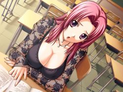 Rule 34 | 1girl, book, breasts, chair, classroom, cleavage, collarbone, desk, dutch angle, earrings, female focus, fingernails, game cg, huge breasts, indoors, jewelry, long fingernails, long hair, looking at viewer, mature female, necklace, ooeyama inori, open book, open mouth, pink eyes, pink hair, pointing, red hair, school, shironeko sanbou, sitting, solo, teacher, tsuyokiss